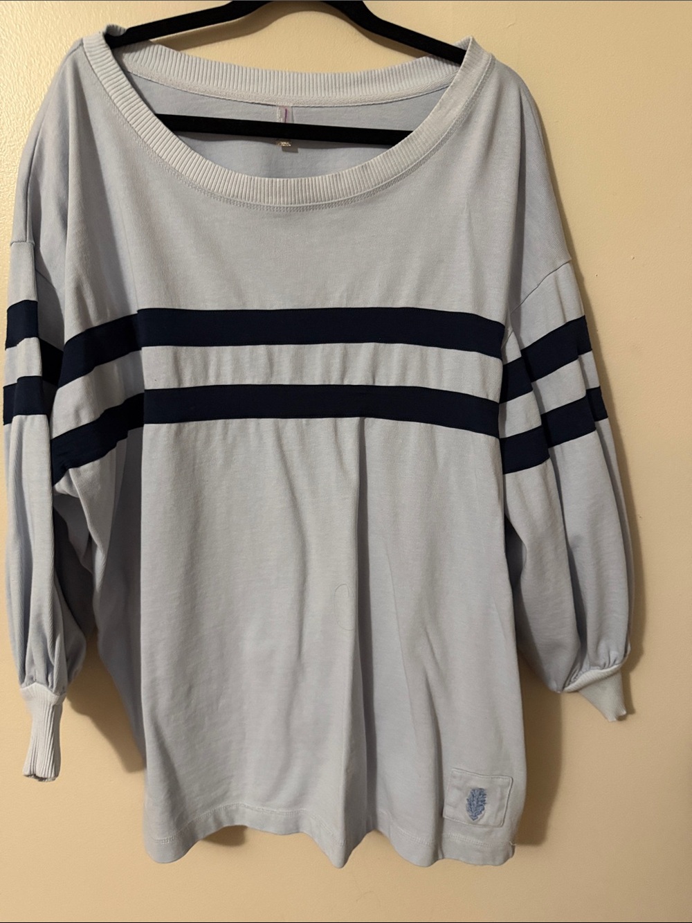FP Movement by Free People Lt Blue Pullover w Navy Stripes XS-Oversized fit